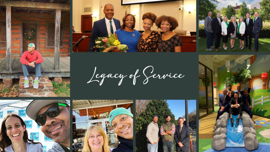 A collage of Councilmember Ronell Smith smiling at events, working with others, and volunteering, with “Legacy of Service” in script in the center. Backgrounds include offices, outdoors, and a children’s play area.